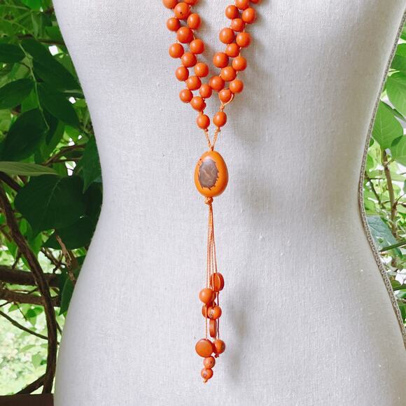 VTG 1970s Tagua Nut Wood Necklace Boho Artisan Long Natural Statement Jewelry - Picture 12 of 13